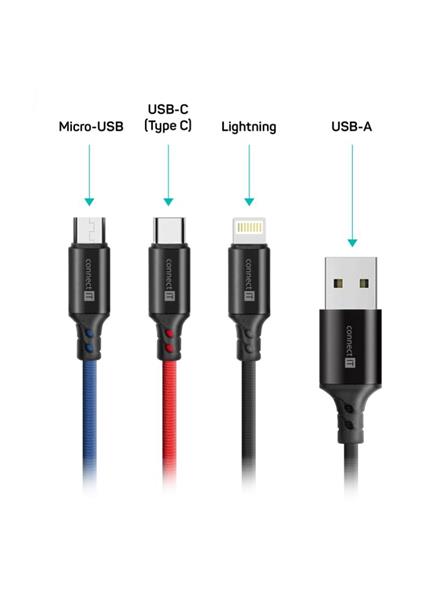 CONNECT IT Wirez 3v1, Kábel USB 2.0/Ligh+mUSB+C CONNECT IT Wirez 3v1, Kábel USB 2.0/Ligh+mUSB+C