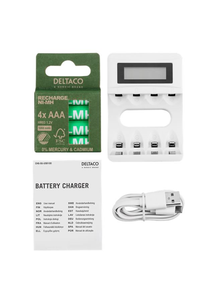 DELTACO C704A4, Nabíjačka batérií, USB + 4x AAA DELTACO C704A4, Nabíjačka batérií, USB + 4x AAA