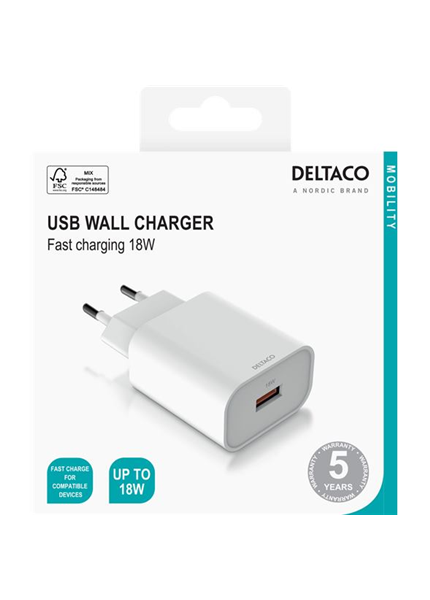 DELTACO USB-AC182, 1x USB A, Nabíjačka, biela DELTACO USB-AC182, 1x USB A, Nabíjačka, biela