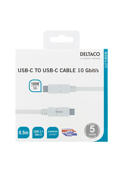 DELTACO USBC-1406M, Kábel USB-C/USB-C, 100W, 0,5m DELTACO USBC-1406M, Kábel USB-C/USB-C, 100W, 0,5m