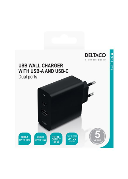 DELTACO USBC-AC137, 1x USB A/1xType C, Nabíjačka DELTACO USBC-AC137, 1x USB A/1xType C, Nabíjačka