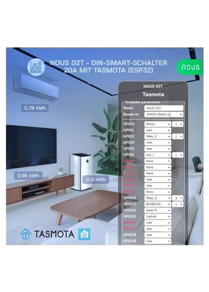 NOUS D2T, Tasmota DIN SMART Switch, prepínač NOUS D2T, Tasmota DIN SMART Switch, prepínač