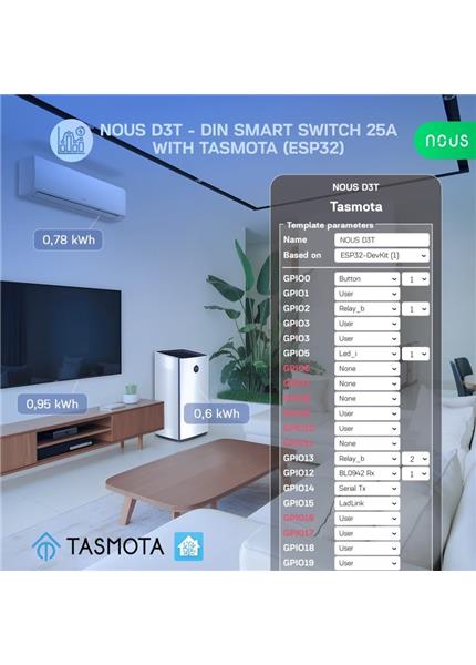 NOUS D3T, Tasmota DIN SMART Switch, prepínač NOUS D3T, Tasmota DIN SMART Switch, prepínač