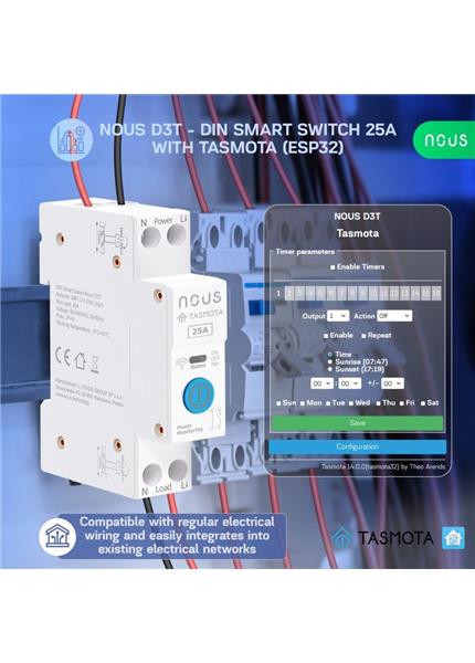 NOUS D3T, Tasmota DIN SMART Switch, prepínač NOUS D3T, Tasmota DIN SMART Switch, prepínač
